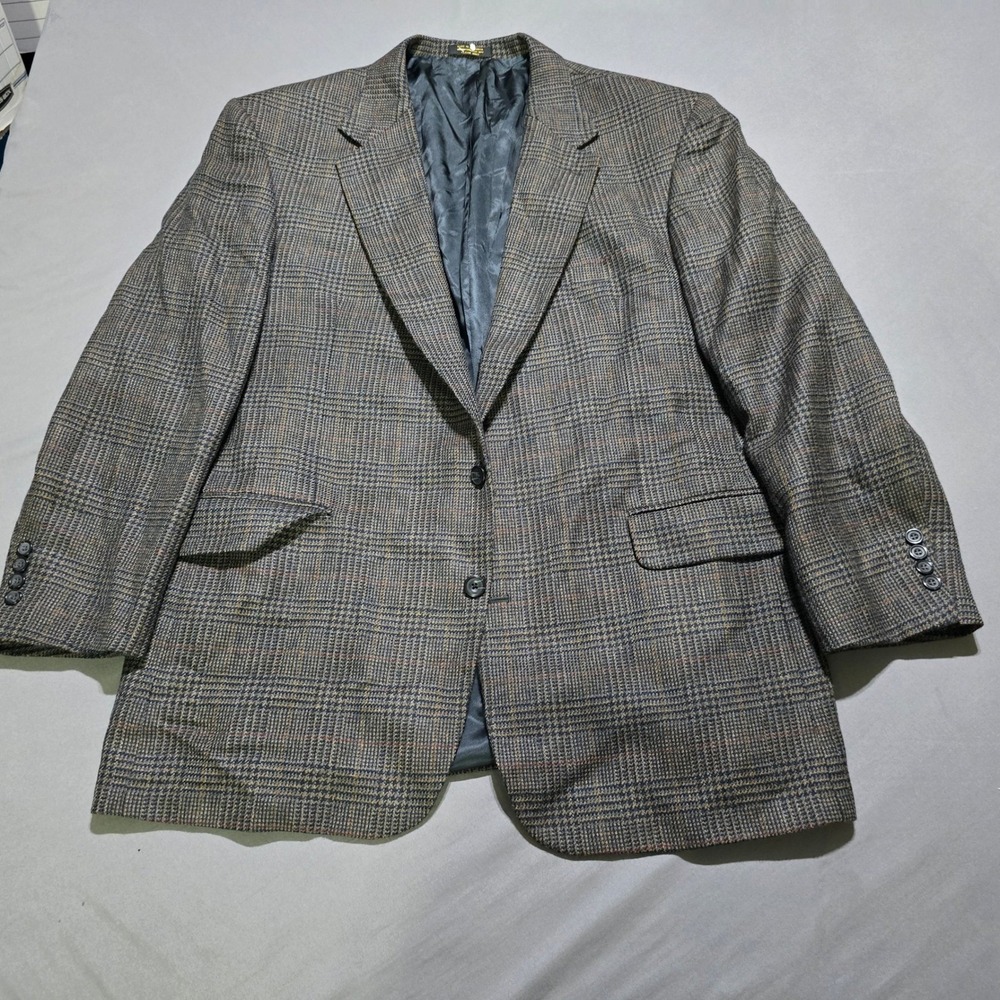 Oscar de la Renta Blazer Mens 48L Brown Glen Plaid 100% Wool Two Button Jacket